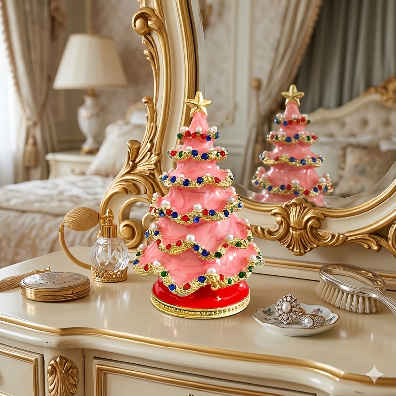 Alloy Christmas Tree Trinket Box, Hand-Painted Enamel Ring Storage Figurine